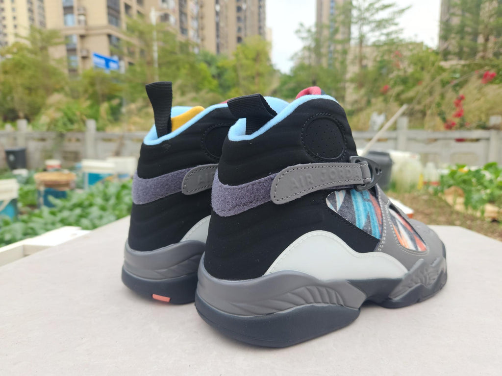 Air Jordan 8 – Grey & Black with Multicolor Panels
