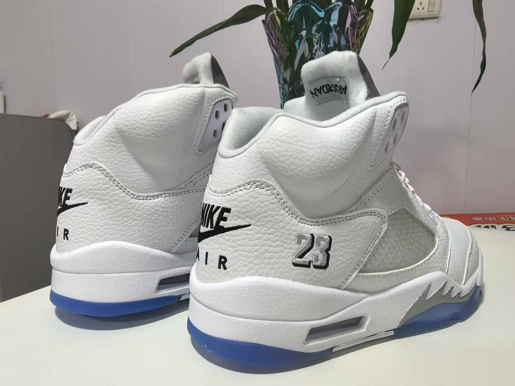 Air Jordan 5 Retro – White & Metallic Silver with Blue Soles